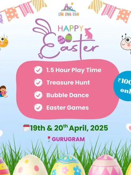 An egg-citing Easter celebration. Our poster details the fun, including a treasure hunt, bubble dance, Easter games, and plenty of playtime.