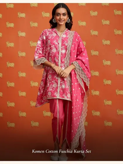 Deal of the day. The Komen Cotton Fuschia Kurta Set is a vibrant and fun outfit, perfect for adding a pop of color to your wardrobe.