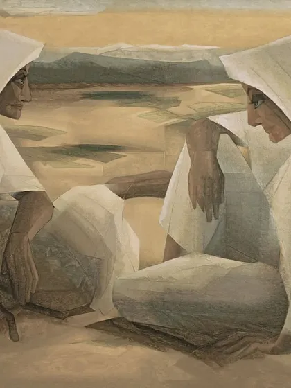 'At the Desert's Edge', a serigraph by Jehangir Sabavala, depicting two figures in a vast, muted landscape.