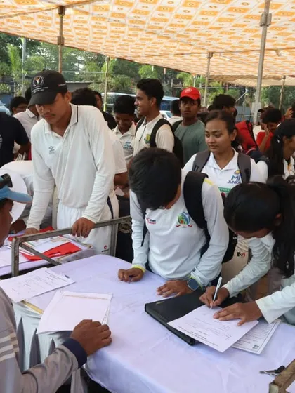 The registration desk at the Panvel trials, where our team manages the large influx of aspiring players.