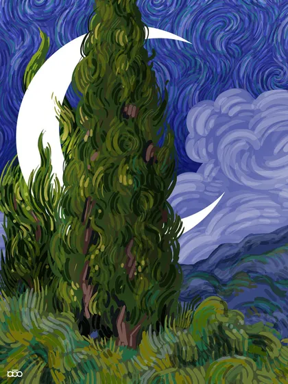 A tender moment between the earthly and the celestial. A tall cypress tree gently cradles the crescent moon against a swirling night sky, a visual poem about finding shelter and peace in nature's embrace.