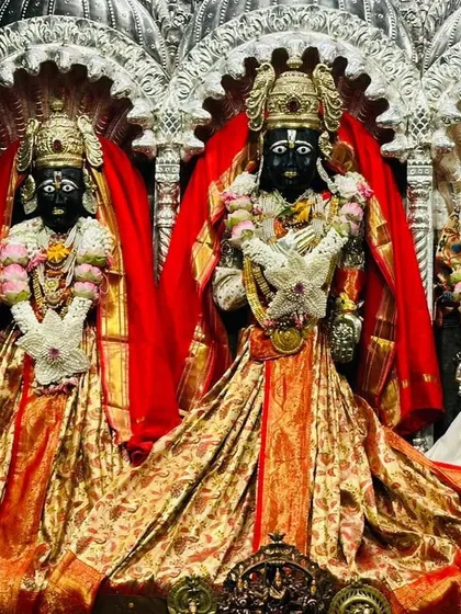The beautiful deities at Shree Kalaram Mandir in Nashik adorned with our floral designs for the Ram Pooja. It is a profound honour to offer our art in service to the divine.
