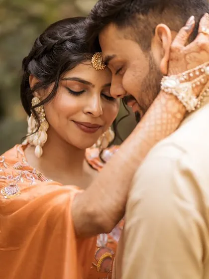 A romantic couple portrait from the Haldi event.