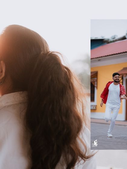 A collage that captures both a thoughtful portrait and a candid moment of the couple running hand-in-hand.