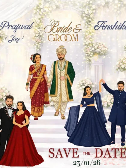A 'Save the Date' that does more than just announce the date. This custom illustration for Prajwal and Anshika also serves as a wardrobe planner, showcasing their different outfits for the wedding and reception.