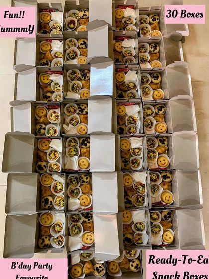 An order of 30 fun and yummy ready-to-eat snack boxes, perfect for a birthday party. I love creating these boxes that are filled with joy and delicious treats.