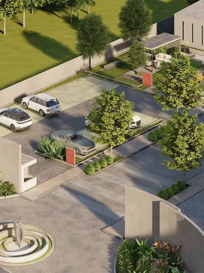 An aerial rendering of the 'Nirvana' entrance, developed from the layout plan. This view shows how the grass paver parking, driveways, and green spaces come together to form a cohesive and welcoming arrival experience.