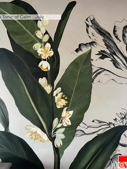 'A Tonic of Calm', a piece from my art yearbook, featuring lush, painted banana leaves and delicate white flowers against a backdrop of monochrome botanical sketches.