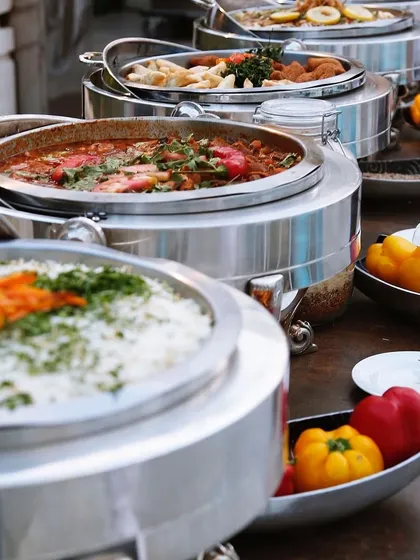 Our buffet lines are a sight to behold. We use high-quality stainless steel chafing dishes to keep main courses like our rich vegetable curries and fluffy rice preparations perfectly warm and ready for serving.