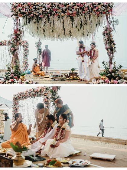 The serene setting of a beachside mandap for a South Indian wedding. We capture the beautiful decor and the peaceful ambiance of the location.