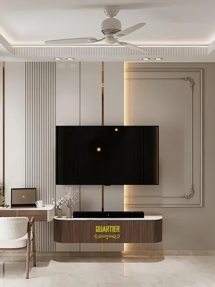 The TV and workstation area for the Faridabad guest bedroom render. The design continues the European theme with classic mouldings and includes a floating desk and TV console for a modern, functional touch.