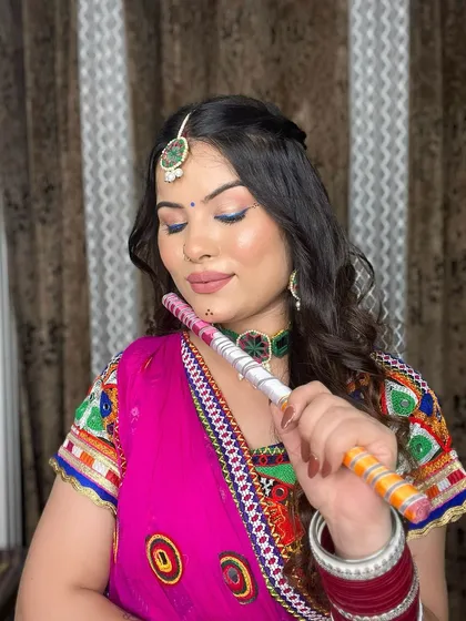 A close-up of the Navratri makeup, showing the blended blue and pink eye makeup.