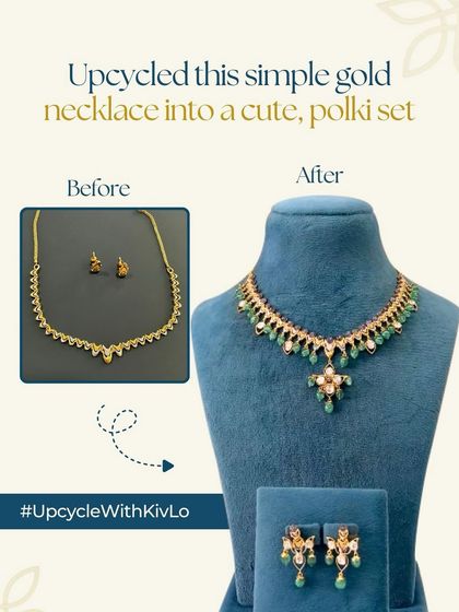 A simple gold necklace gets a cute makeover into a polki set. We added delicate polki diamonds and green bead drops, completely changing its personality while keeping its original delicate frame.