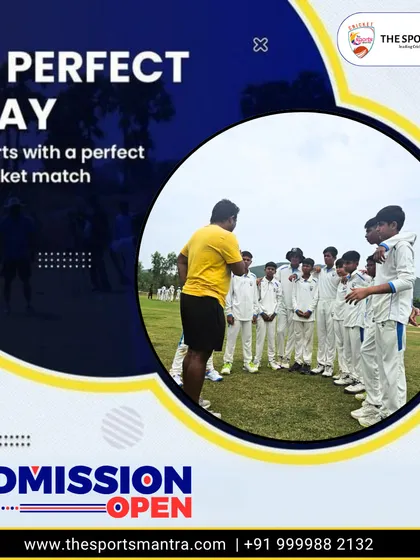 A perfect day starts with cricket. This image shows a team huddle on our grounds, a common sight at our academy where players come together to learn, compete, and grow.