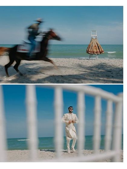 An artistic shot from Rahul and Pallavi's beach wedding in Thailand, featuring the groom's entry on horseback. The motion blur adds a dynamic and creative touch to the destination story.