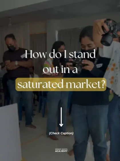 A shot of students gathered around, learning together, with text addressing the common fear of a saturated market.