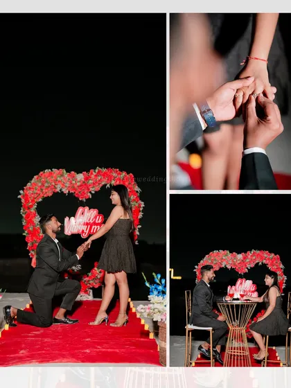 A collage of Ashish and Pallavi's proposal moment, capturing the ring exchange and the joy on their faces under the "Will you marry me?" sign.