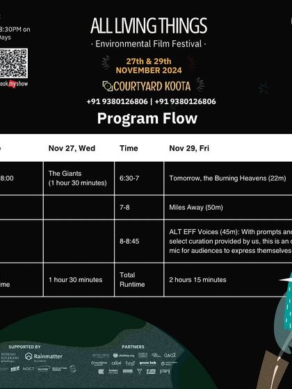 The program flow for the ALT EFF at Koota, detailing the films being screened, including 'The Giants' and 'Miles Away', followed by an open-mic session for audience expression.
