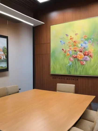 A soft, impressionistic floral painting brings a sense of calm and beauty to this wood-paneled meeting room.