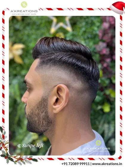 Precision is key in our men's grooming services. Here, we've crafted a sharp skin fade that blends seamlessly into a styled, voluminous top for a clean and modern look.