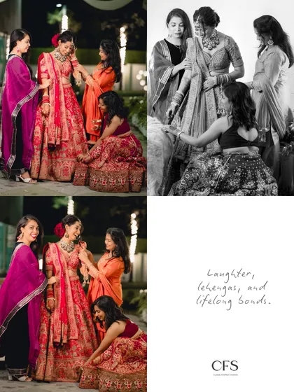 "Laughter, lehengas, and lifelong bonds." A heartwarming collage of the bride with her bridesmaids, capturing the fun and supportive moments before the wedding.