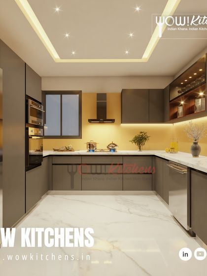 We design kitchens that truly reflect your style and personality. This 3D rendering of a U-shaped kitchen in matte grey with gold accents shows the level of detail and customization we offer.