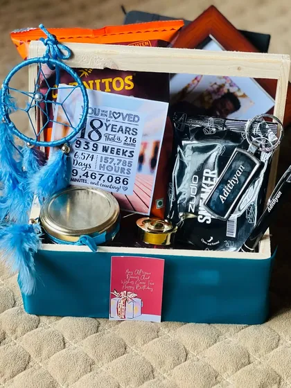 I love making gifts personal. This 18th birthday hamper for Adithyan includes a custom keychain with his name, a milestone card, and a dreamcatcher, all curated around a cool blue theme to perfectly match his style.