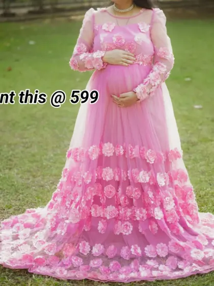 This beautiful pink floral gown is a budget-friendly rental option for your maternity shoot. The 3D flowers on the skirt add a lovely, delicate detail.