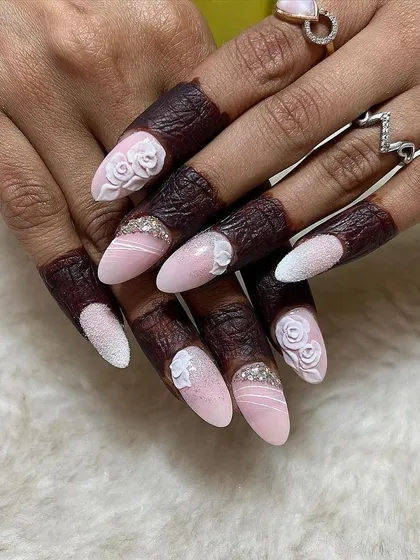 An elegant bridal nail set created by one of my students, featuring a pink and white ombré, sugar effect, 3D roses, and rhinestone details.