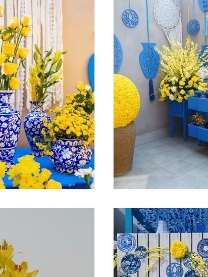 An inspiration board for a unique blue and yellow themed event, using blue pottery and yellow flowers for a striking contrast.