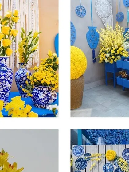 A mood board showing a unique Haldi theme using blue pottery and bright yellow flowers for a beautiful contrast.