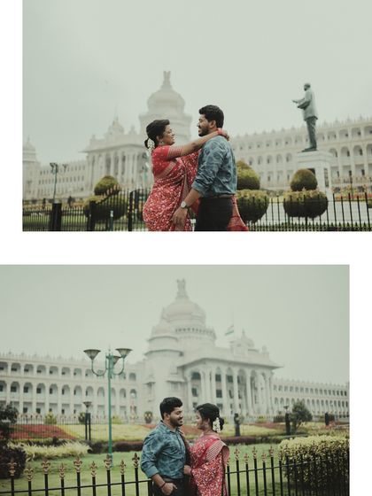 A collage of a couple's vintage-themed pre-wedding shoot in front of Bengaluru's Vidhana Soudha.