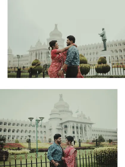 A collage of a couple's vintage-themed pre-wedding shoot in front of Bengaluru's Vidhana Soudha.