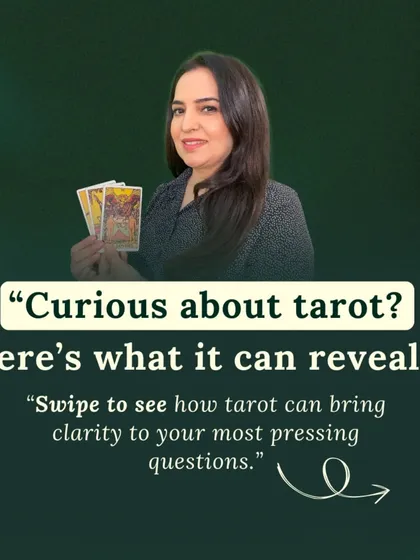 Curious about what Tarot can reveal? This introductory image explains how a reading can bring clarity to your most pressing questions about love, career, and personal growth, guiding you toward self-discovery.