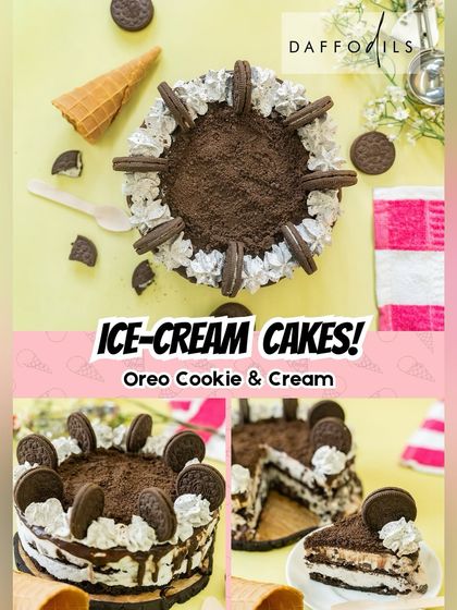The Oreo Cookie & Cream Ice Cream Cake is a symphony of flavors and textures. It has layers of creamy cookie and cream ice cream, indulgent brownie sauce, moist chocolate sponge, and plenty of crunchy Oreo cookies.