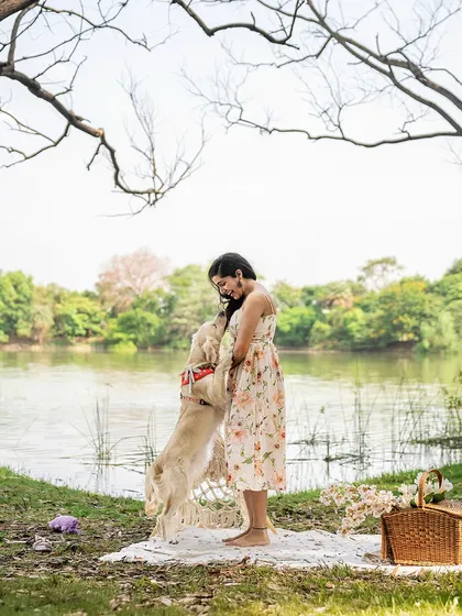A sweet moment of affection as a Golden Retriever stands up to hug his mom during their lakeside picnic shoot.