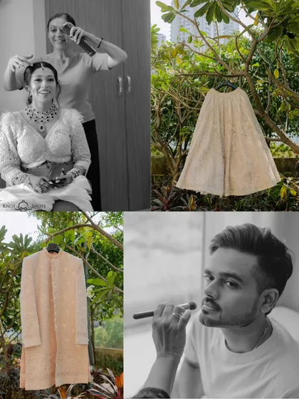 A getting-ready collage that also serves as a detail shot, showing the bride's lehenga, the groom's sherwani, and their makeup sessions.