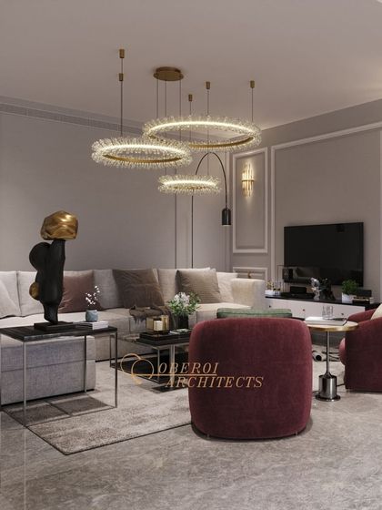 The sectional sofa provides ample space for the family to gather, while the modern art and sculptural pieces add a layer of sophistication.