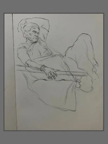 A line drawing focusing on the posture and drapery of a figure resting in an armchair.