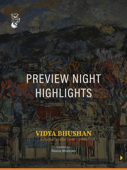 The 'Preview Night Highlights' graphic for the Vidya Bhushan exhibition.
