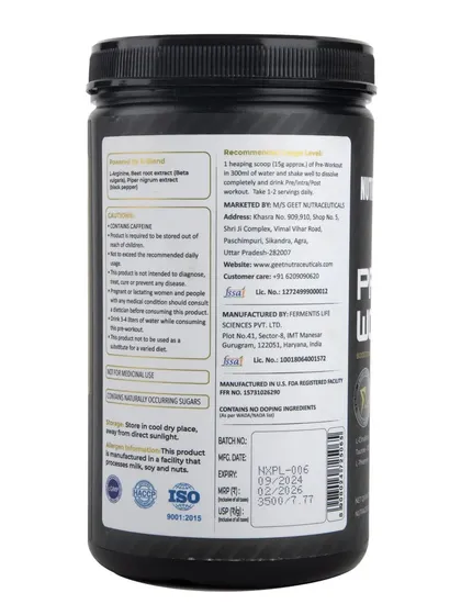 The back label of a pre-workout supplement, showing ISO certification and other details.