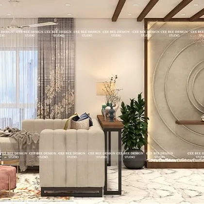 A serene foyer featuring a large Buddha statue against a textured wall with concentric circles, creating a peaceful and spiritual entrance.
