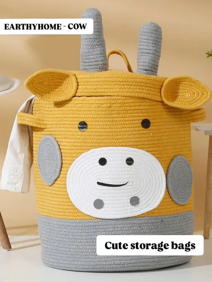 This large cow-themed laundry basket is another one of my unique designs. It's made from sturdy rope and has adorable features like ears and horns.