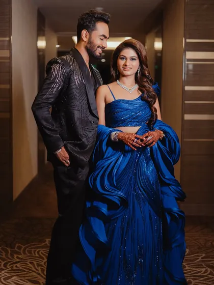 A romantic portrait of the couple, ready for their Sangeet night.