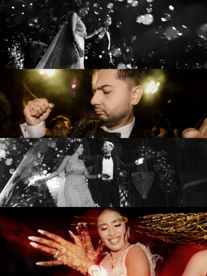 A creative collage of Sangeet moments, using motion blur and light effects to convey the night's dynamic and celebratory mood.