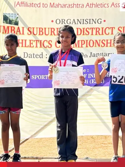 Our young U-10 athletes, Jiyana Nikunj Mehta and Navika Vipin Rawat, on the podium at the MSDAA Sub Junior Athletic Championship for their performance in the 100m run.