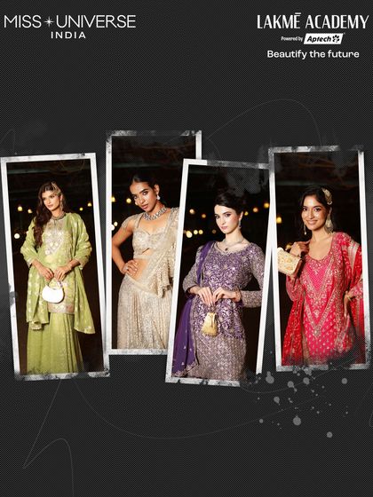 A collage showcasing multiple stunning looks from the Miss Universe India 2025 Sufi Night, all created by our talented students, proving they are ready for the industry.