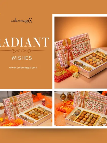 A collage showcasing our radiant Diwali wishes collection. These hampers are filled with laddus and dry fruits, presented in elegant boxes that capture the festive spirit.
