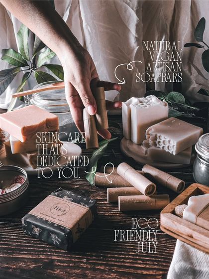 This is skincare that's dedicated to you and to the planet. This flat lay shows my natural vegan artisan soap bars and eco-friendly lotion tubes, all part of my commitment to a sustainable 'Eco-Friendly July' and beyond.
