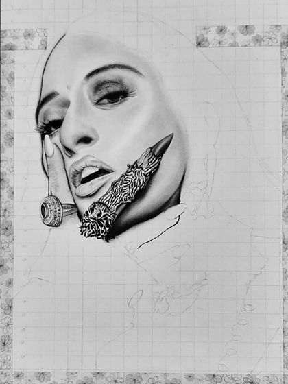This is the 98-hour process of drawing Raja Kumari. The progress shots highlight the extreme detail in her jewelry and the challenge of rendering different textures.
